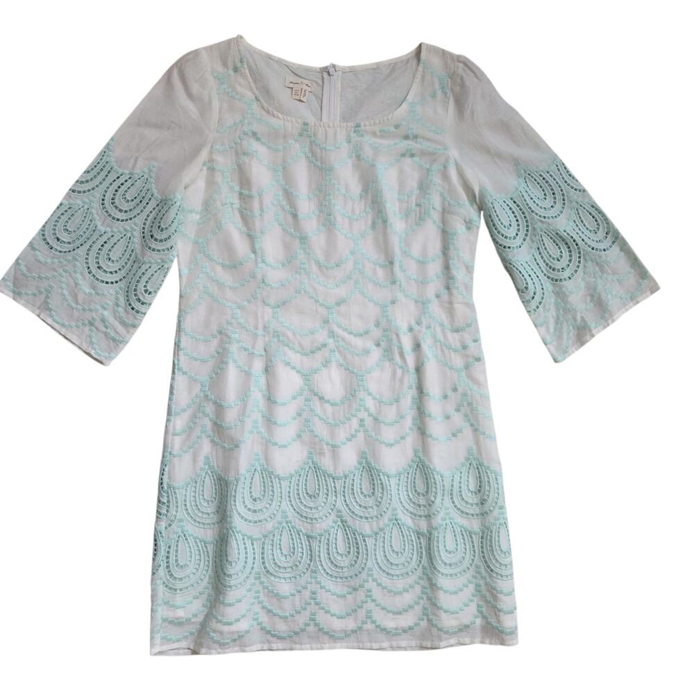 Anthropologie Meadow Rue Dress Embroidered Scallop Detailing Over White sz 6